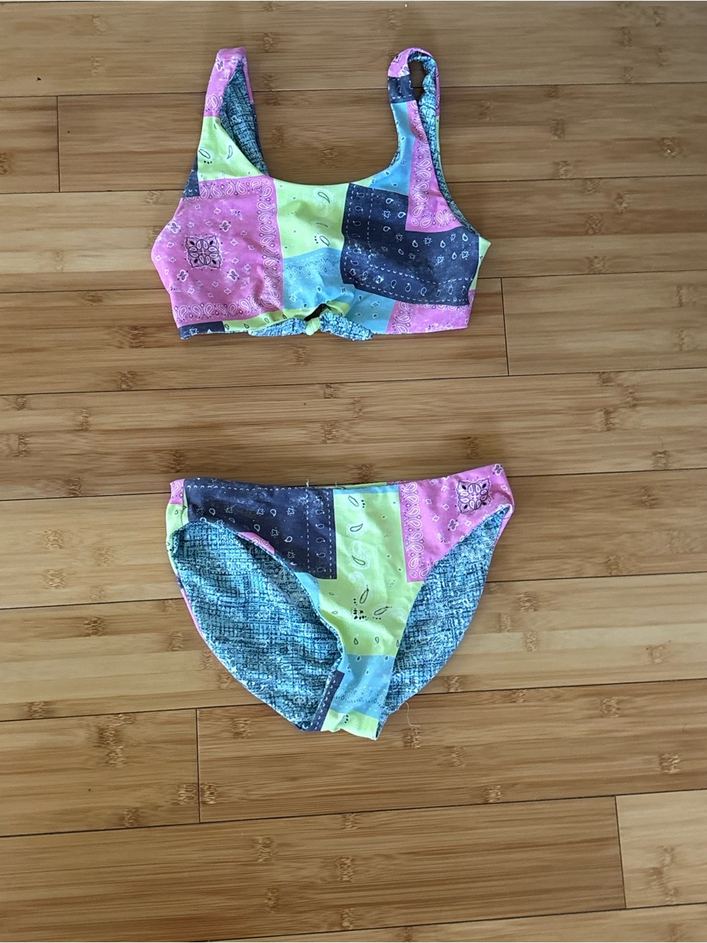 Reversible Colorblock Bandana Print Bikini Set - Pastel Multi